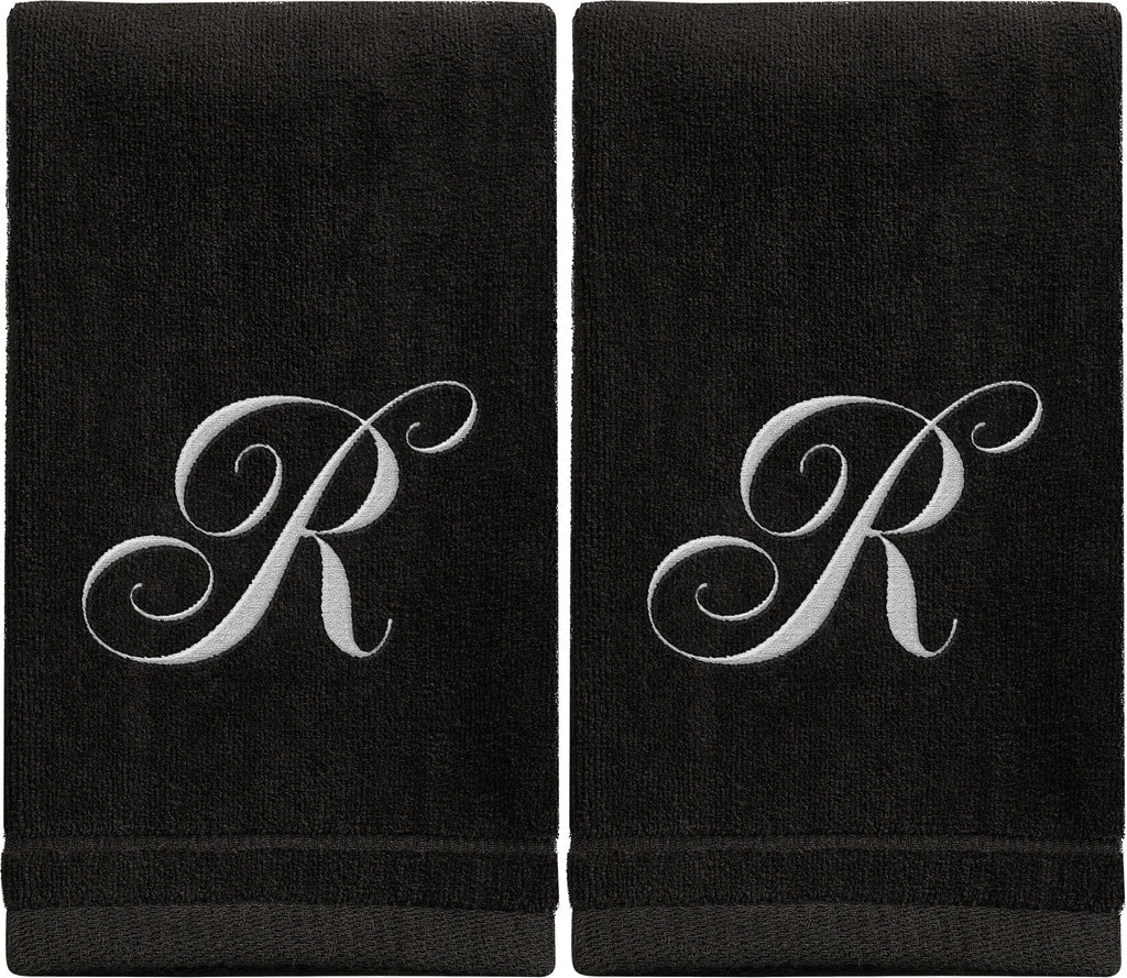 Black Monogrammed Towel - White Embroidered - Initial R