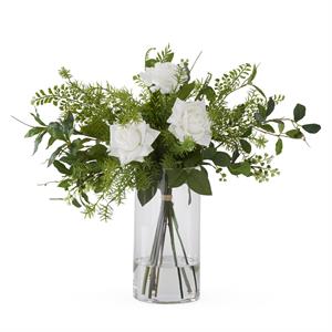 19209A-WH 20.5 Inch White Diamond Rose & Foliage Premade w/Faux Water