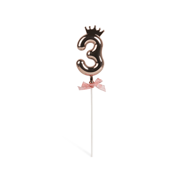 Number 3 on a stick with a rose gold crown