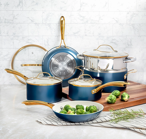 1855 Gotham Steel Blue/Cream Gold Handles 15 Piece Cookware Set