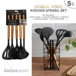 5Pc. Cooking Utensils -(Slotted Turners, Soup Ladle, Solid Spoon, Slotted Spoon ) 2 Tone Top Acacia- Bottom Black