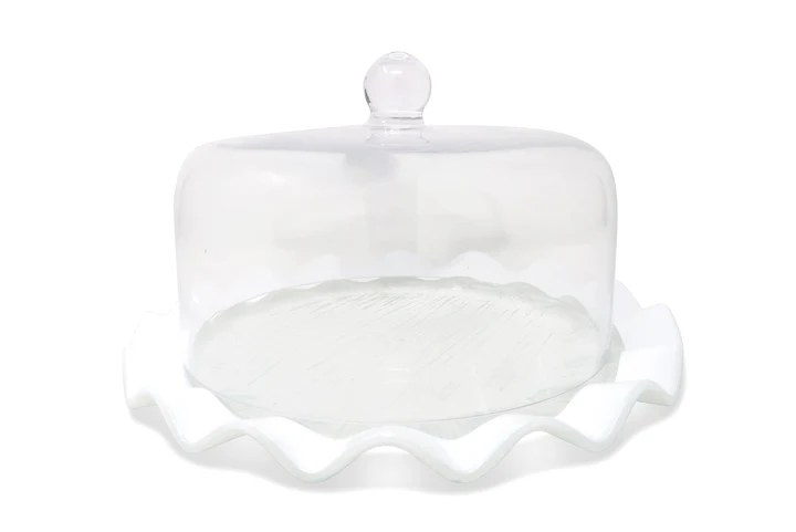 VCD5156 Glass Cake Dome with White Scalloped Border