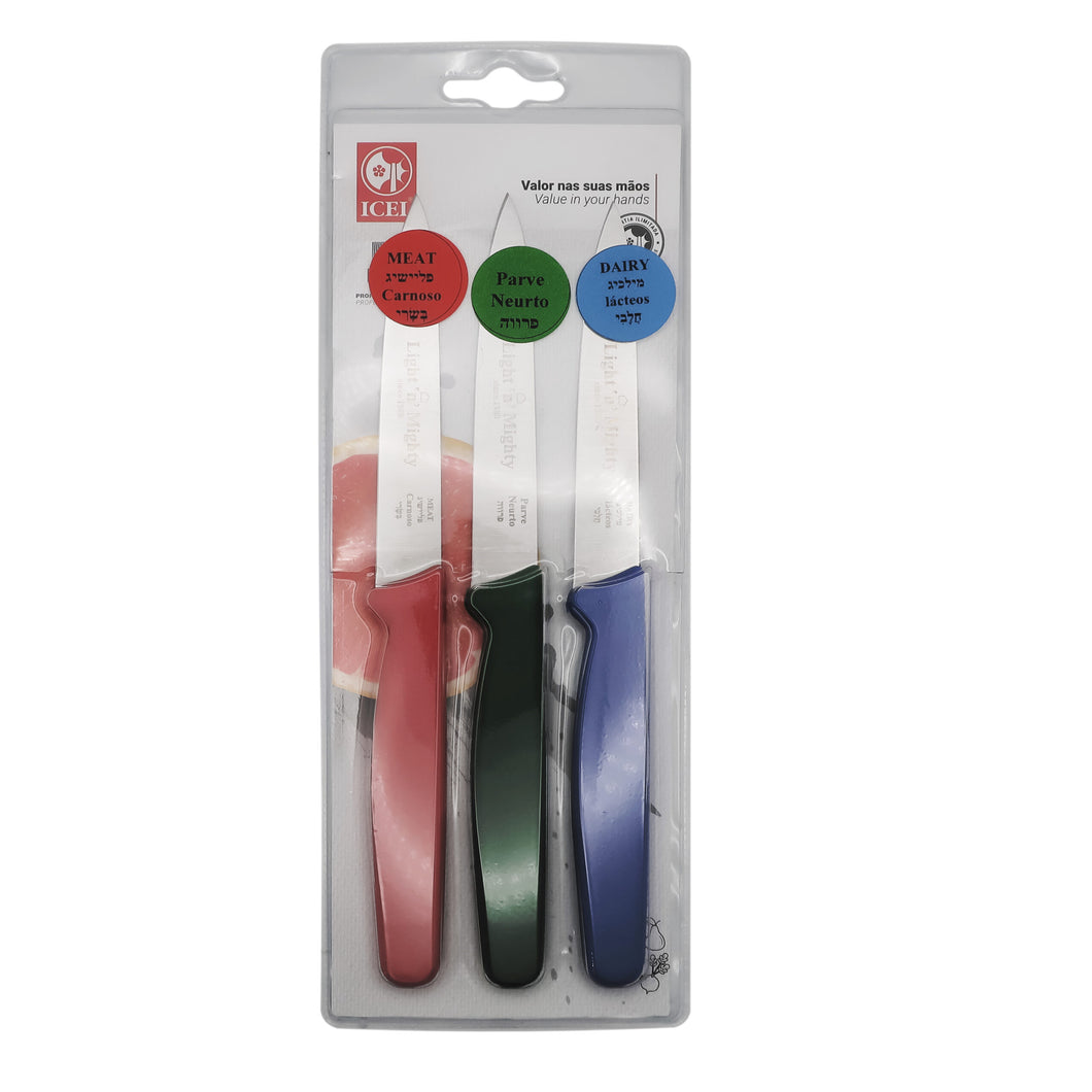 3-PC Paring knife set, Red, Green, Blue, Dairy, Meat, Parve, Straight point tip.