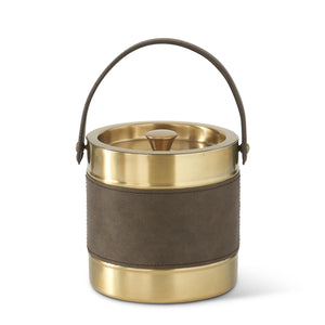 18325B 7 Inch Lidded Gold Metal Ice Bucket w/Brown Leather Stripe