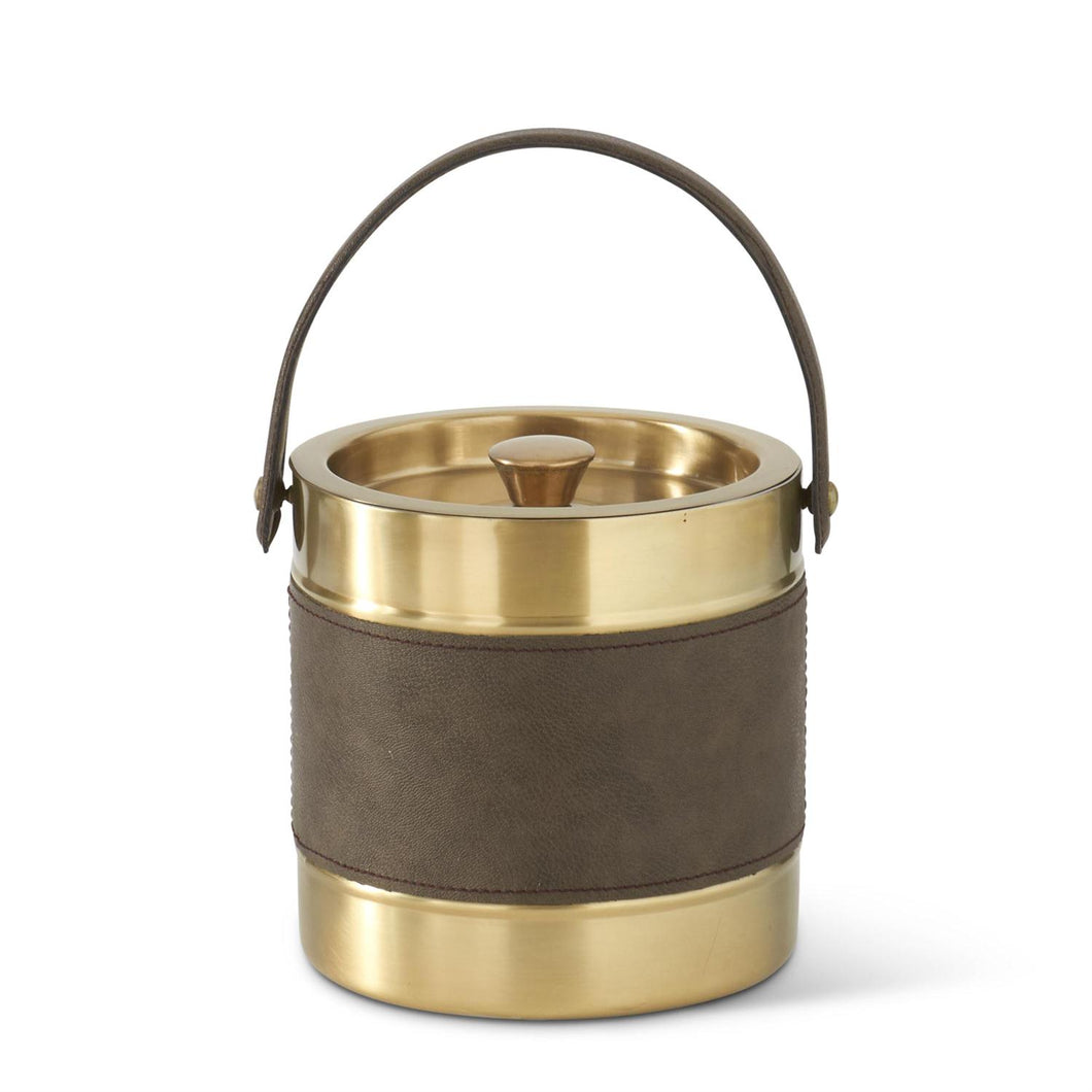 18325B 7 Inch Lidded Gold Metal Ice Bucket w/Brown Leather Stripe