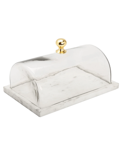 MCD2118  Rectangular Marble Cake Dome with Gold Knob 14"L x 6.2"W x 7"H