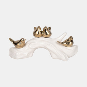 20414 14" Birds Sitting On Branch, White/gold