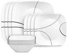 Load image into Gallery viewer, CORELLE MUGLESS SQ. 12pc SET SIMPLE LINES Service For 4
