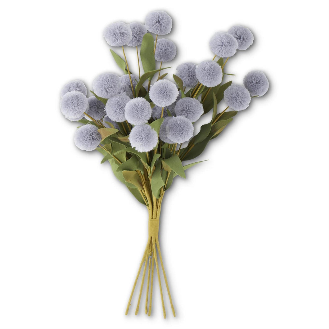 13 Inch Gray Blue Pompom Pick w/Green Eva Leaves Bundle (6 Stems)