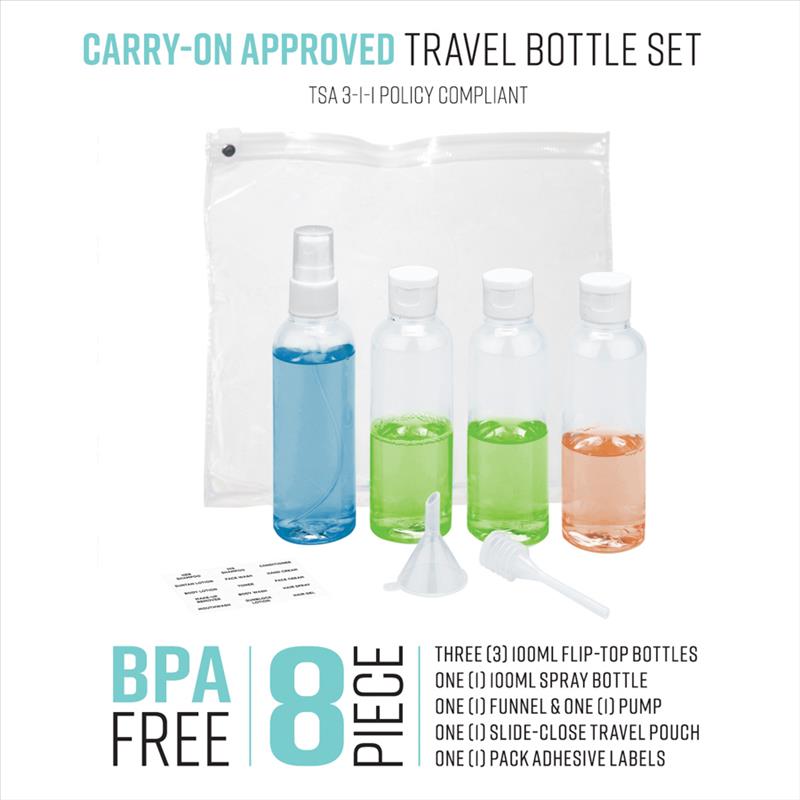 8PC TRAVEL BOTTLE & BAG SET 3.4OZ/100ML (TSA approved)