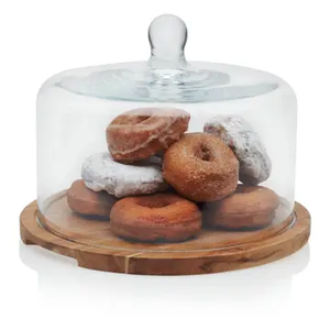 666478 Acaciawood Flat Wood Cake Stand with Glass Dome