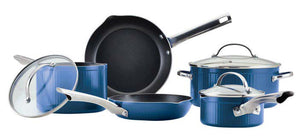 13578 10-PIECE SET 1 Qt. Covered Saucepan with Spouts 3 Qt. Covered Saucepan with Spouts 5 Qt Covered Dutch Oven 8" & 10" Fry Pans with Spouts, Prestige® Nylon Tools: Slotted Turner, Slotted Spoon ● Blue