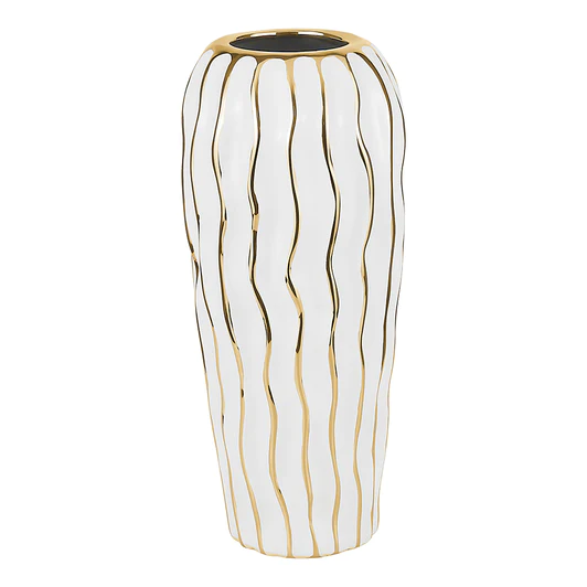 J-PVLRT-WHT/GD-M Elegant White Porcelain Vase with Gold Wavy Design