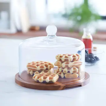 Load image into Gallery viewer, 666478 Acaciawood Flat Wood Cake Stand with Glass Dome
