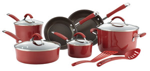 16339 Rachel Ray 12-PIECE SET 1 Qt. & 3 Qt. Saucepans with Lids 6 Qt. Stockpot with Lid 8.5" & 10" Frying Pans 3 Qt. Sauté with Lid Slotted Spatula Slotted Spoon Red