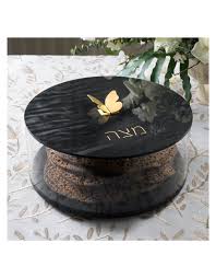 Round Acrylic Black Matzah Box - Brass Butterfly Knob