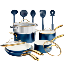 Load image into Gallery viewer, 1855 Gotham Steel Blue/Cream Gold Handles 15 Piece Cookware Set
