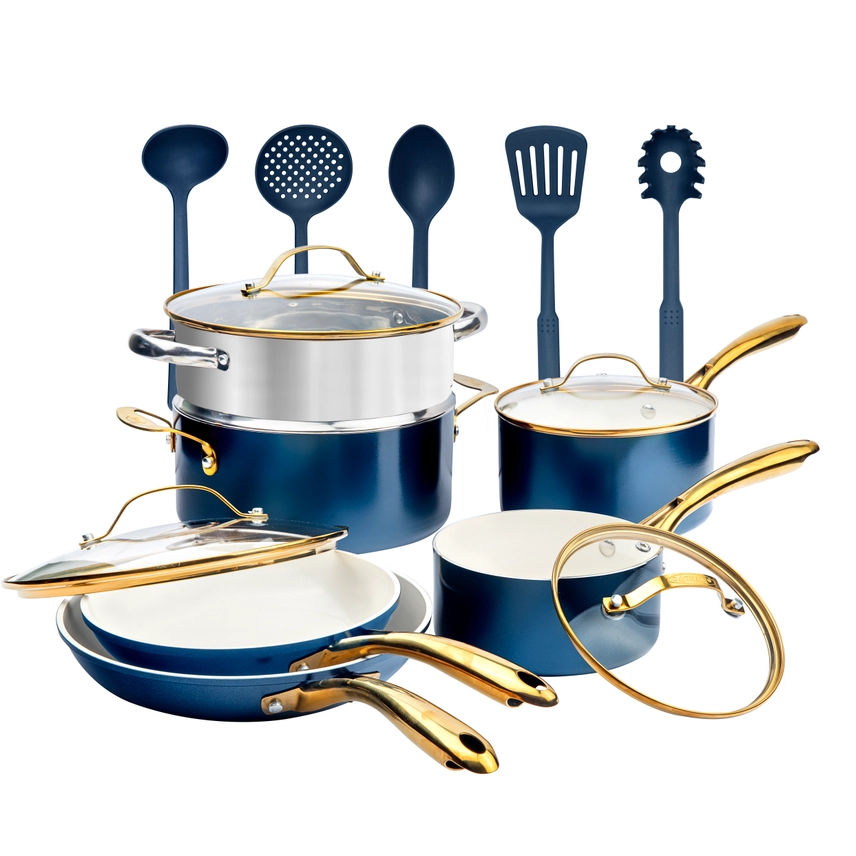 1855 Gotham Steel Blue/Cream Gold Handles 15 Piece Cookware Set