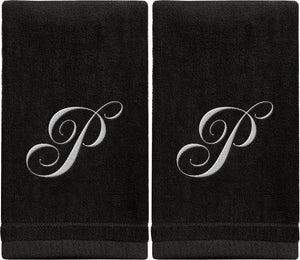 Black Monogrammed Towel - White Embroidered - Initial P