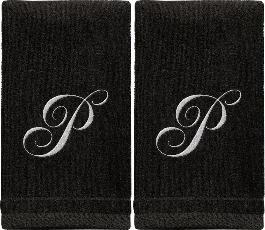 Black Monogrammed Towel - White Embroidered - Initial P