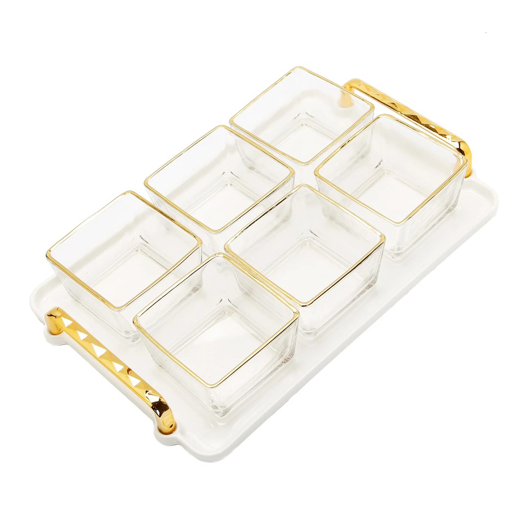 WSD2791 6 Bowl Serving Dish White Tray with Glass Bowls Gold Trimmed - 13.5
