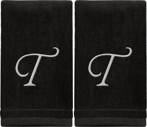 Black Monogrammed Towel - White Embroidered - Initial T