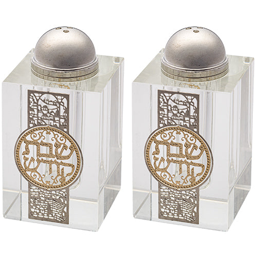 UK40924 Crystal Salt & Peper Holders 8*4 cm with Laser Cut Plaque- Jerusalem