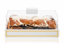 Load image into Gallery viewer, MCD-WHT/G Med Size Cake Display with White Base and Gold Trim W 10&quot; x L 5.25&quot; x H 4&quot;
