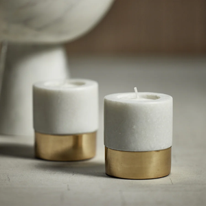 IN-7371 Bodega Marble and Brass Tealight Holder - White & Gold Set Of 2