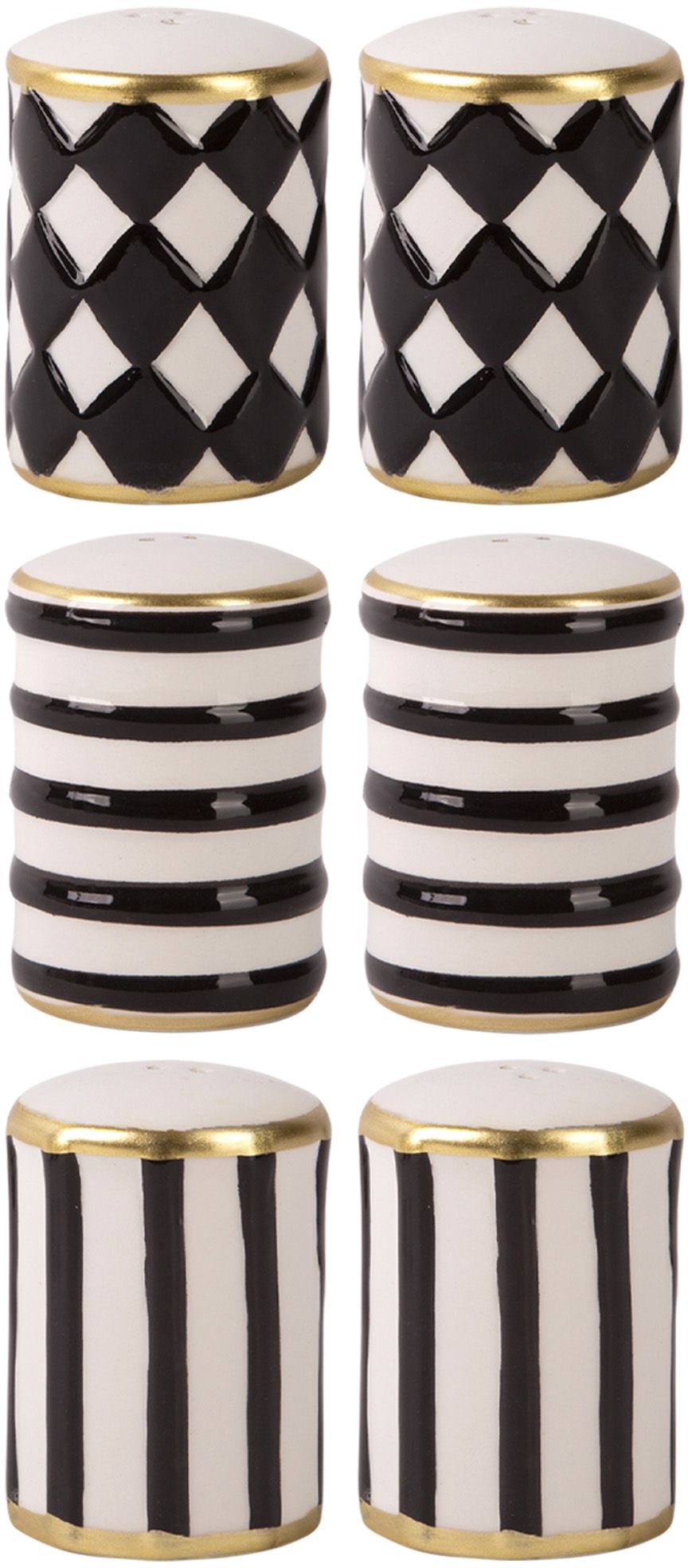 91938 3 ASST S/2 BLACK/WHITE EMBOSSED SALT&PEPPER SETS W/GOLD RIM