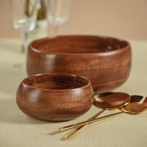 IN-7222 Gabonese Round Mango Wood Bowl - Walnut Enamel - Large