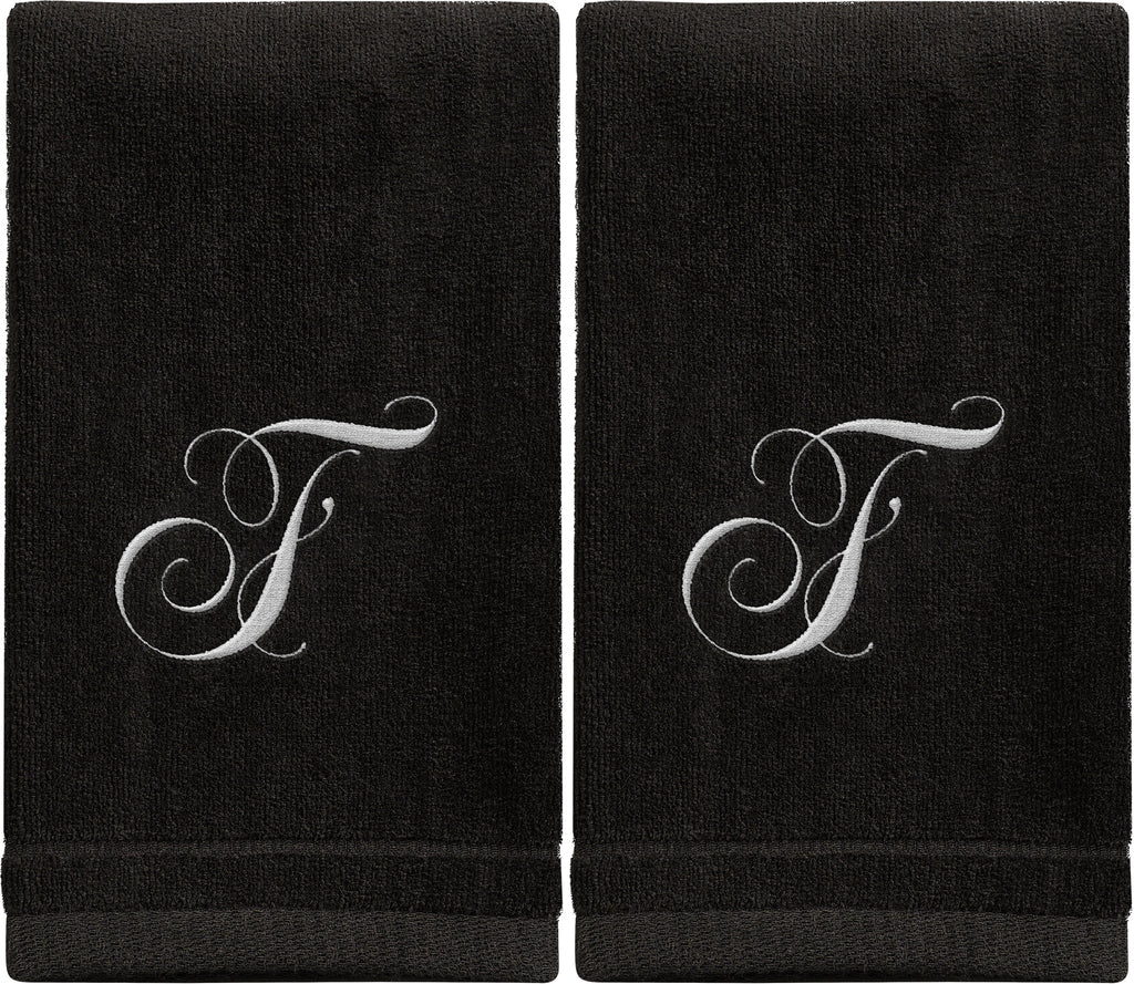 Black Monogrammed Towel - White Embroidered - Initial F