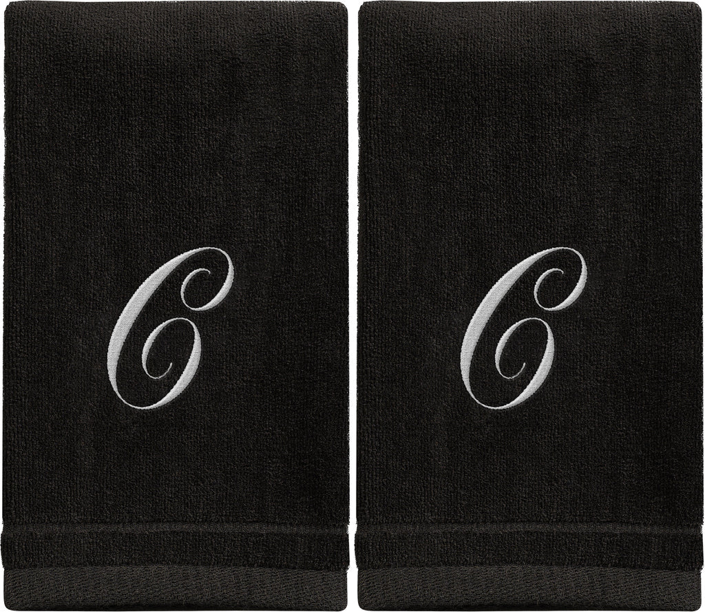 Black Monogrammed Towel - White Embroidered - Initial C