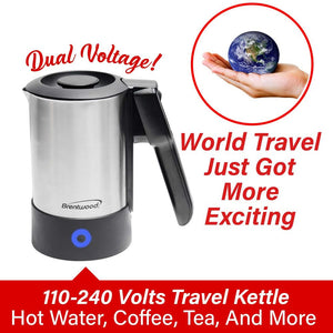 Brentwood 1000-Watt 20-Oz. Dual-Voltage Electric Travel Kettle, Automatic Shutoff (KT-1506S) - Stainless Steel