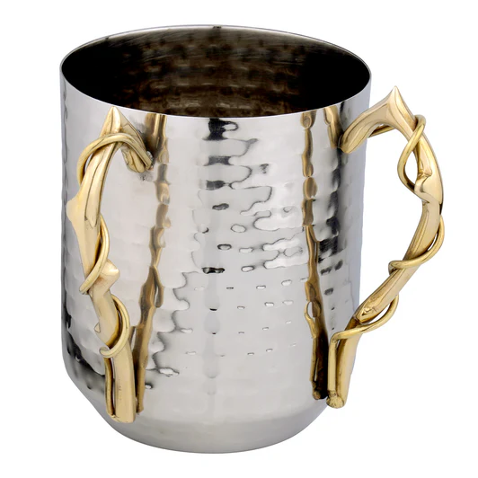 J-WCGTR-AS Stainless Steel Hammered Wash Cup with Intricate Handles