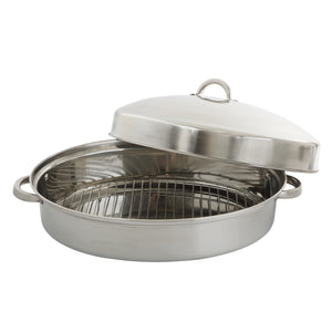 82669.03 Hutchinson 18" SS Roaster W/ Domed Lid & Rack - Oval - Mirror Polish - SS