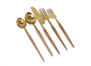 VF774GN 20 Pc Flatware Set With Wooden Pointy Handles - Service For 4 - Hand Wash