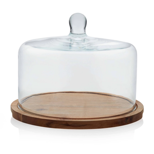 666478 Acaciawood Flat Wood Cake Stand with Glass Dome