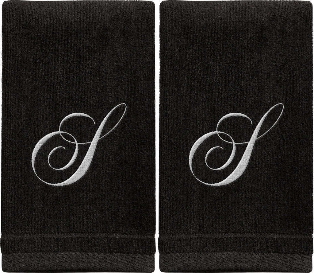 Black Monogrammed Towel - White Embroidered - Initial S