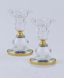 240330 Set of 2 Crystal Candle Holders with Gold Design 4"H