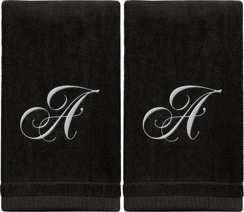 Black Monogrammed Towel - White Embroidered - Initial A (