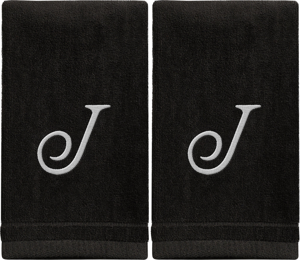 Black Monogrammed Towel - White Embroidered - Initial J