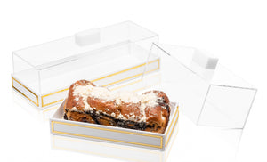 MCD-WHT/G Med Size Cake Display with White Base and Gold Trim W 10" x L 5.25" x H 4"