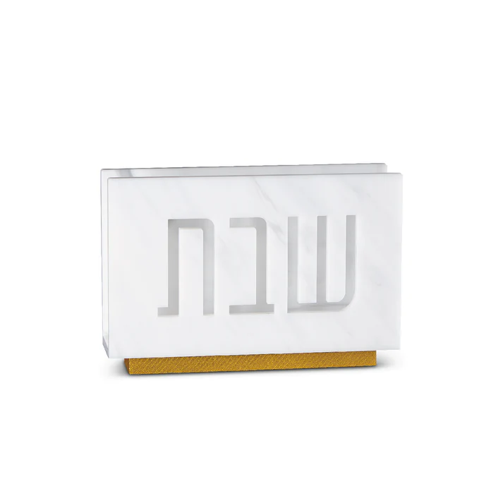 SNH-WHT Shabbos Laser Cut Napkin Holder- White Marble Lucite