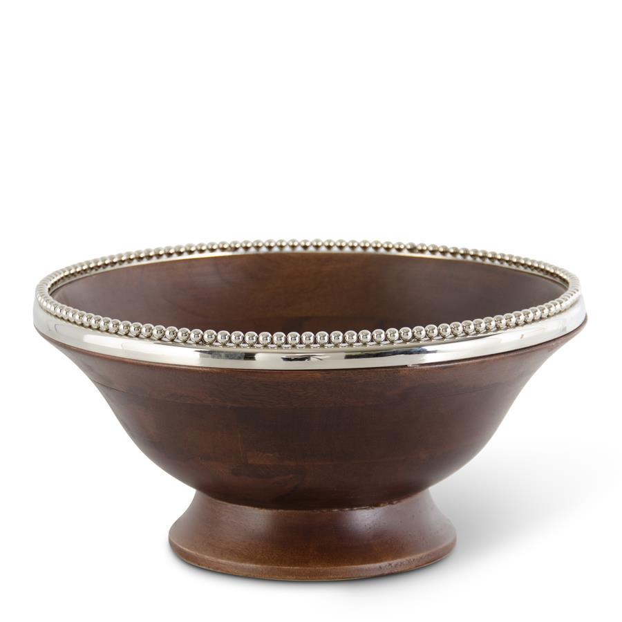 17422C 13.25 INCH DARK MANGO WOOD BOWL W/SILVER BEADED RIM