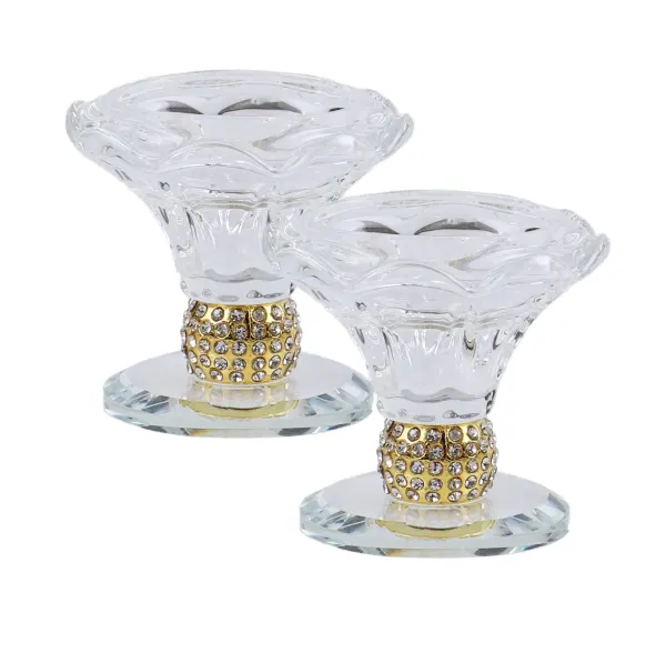 240331 Set of 2 Crystal Candle Holders with Gold Metal 2.5