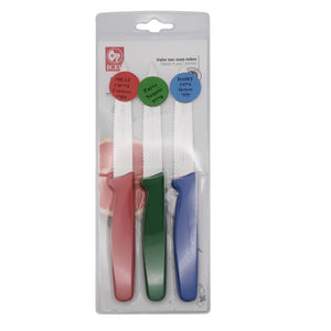 3-PC Paring Knife set. Red, Green, Blue Dairy Meat Parve. Serrated point.