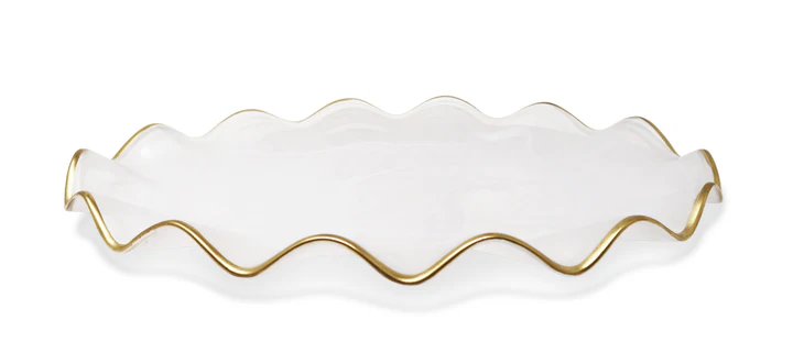 VT4889 White Alabaster Oval Tray with Gold Ruffled Border