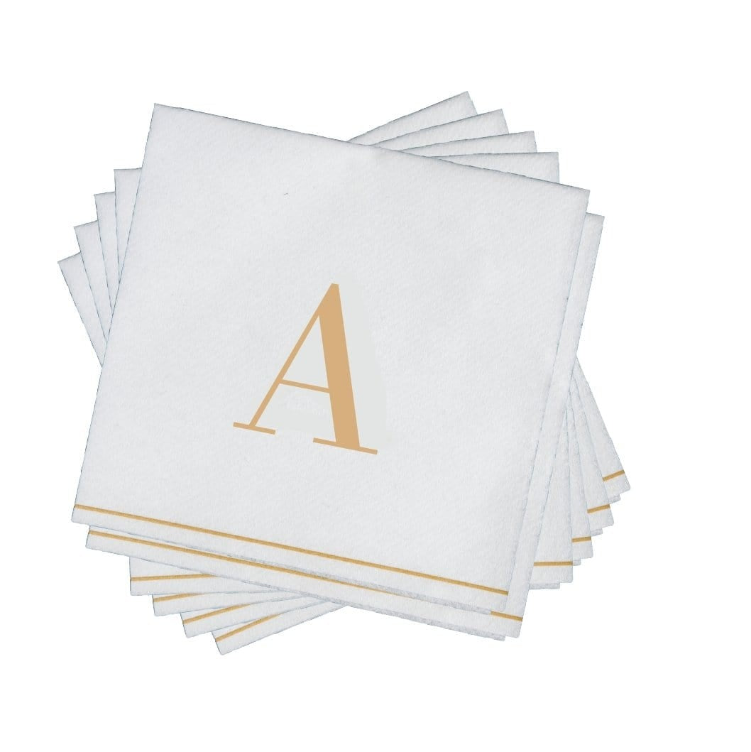 16 PK White and Gold Cocktail Paper Napkins  - Letter A