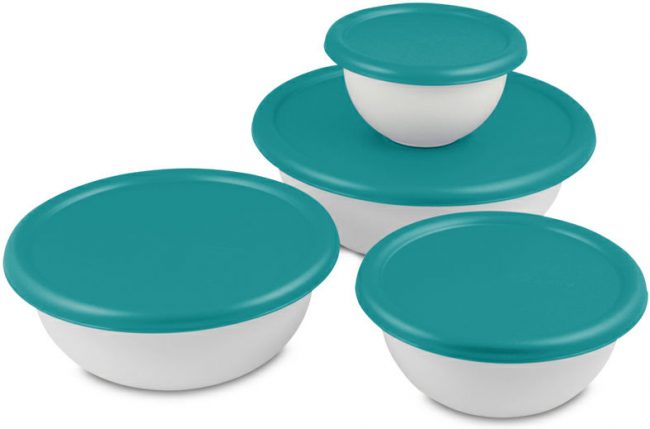 BOWL SET OF 4 w/COVERS-WHT/BLUE TOP